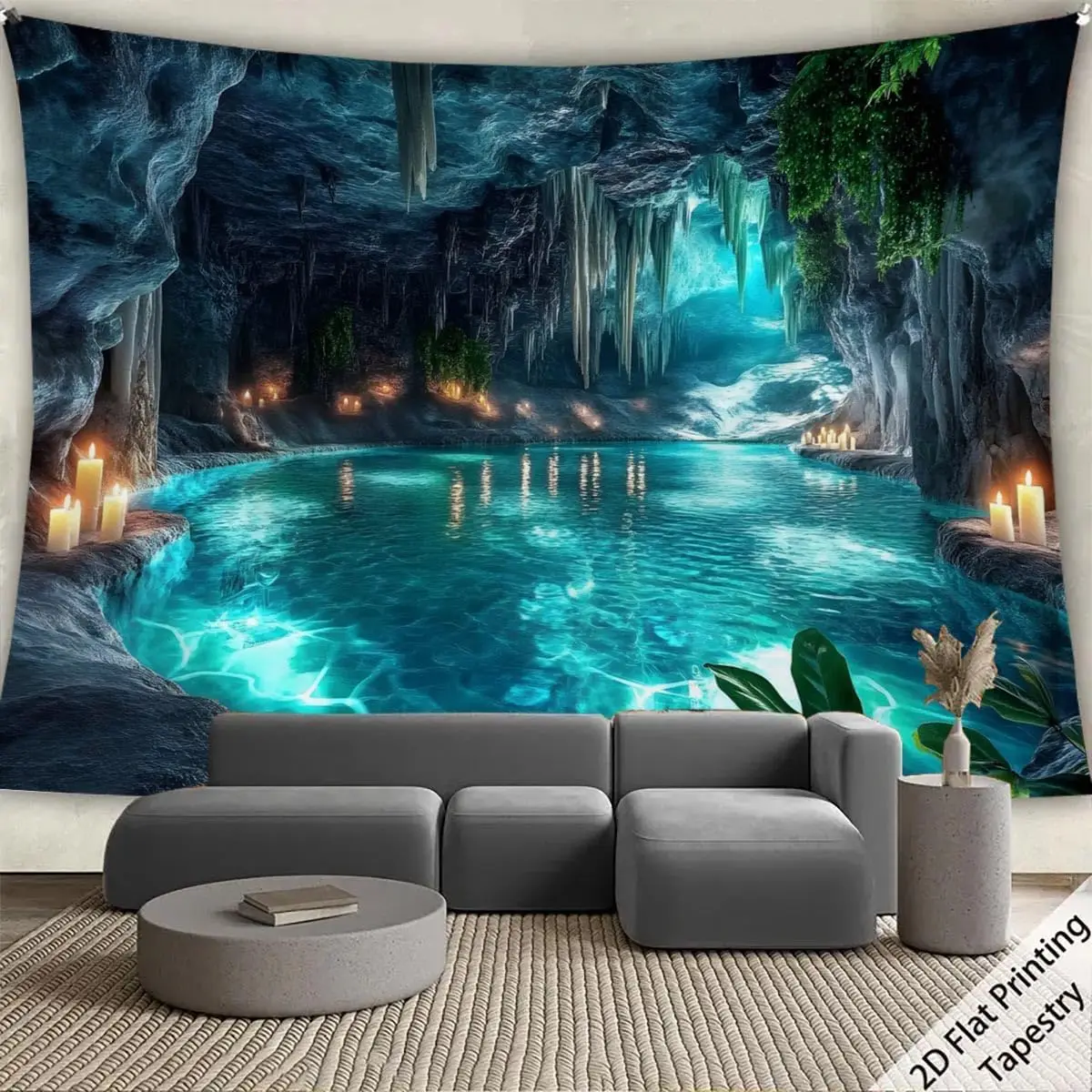 Nature Karst Cave Waterfall Tapestry Sunshine Wonderland Cave Sky Blue Water Landscape Wall Hanging Backdrop for Home Decor thumbnail 6