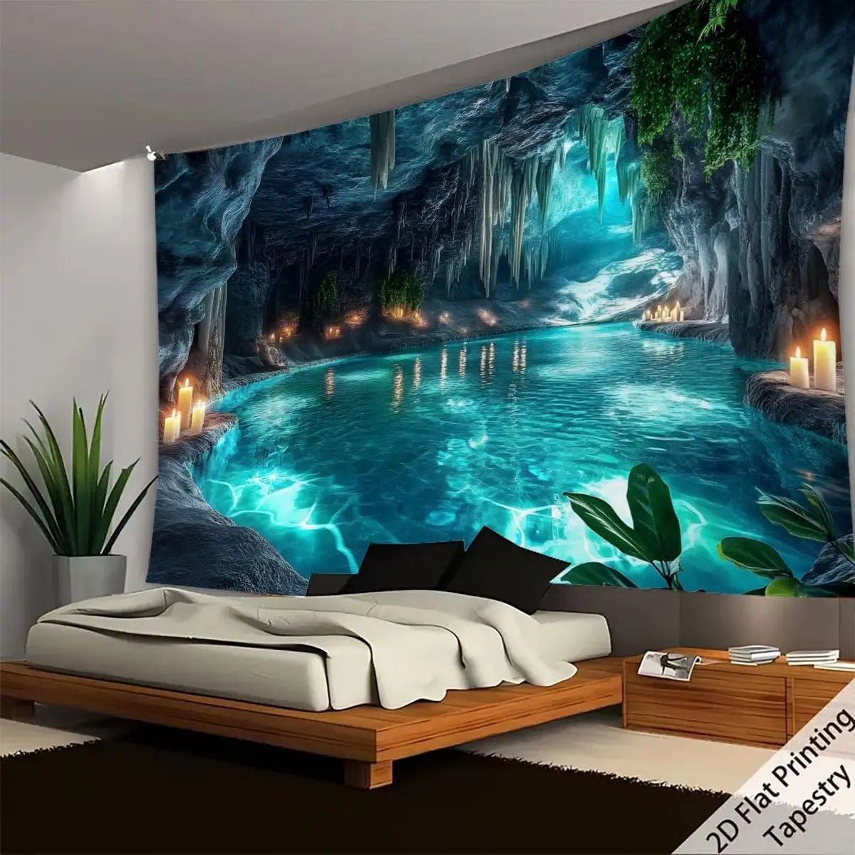 Nature Karst Cave Waterfall Tapestry Sunshine Wonderland Cave Sky Blue Water Landscape Wall Hanging Backdrop for Home Decor thumbnail 2