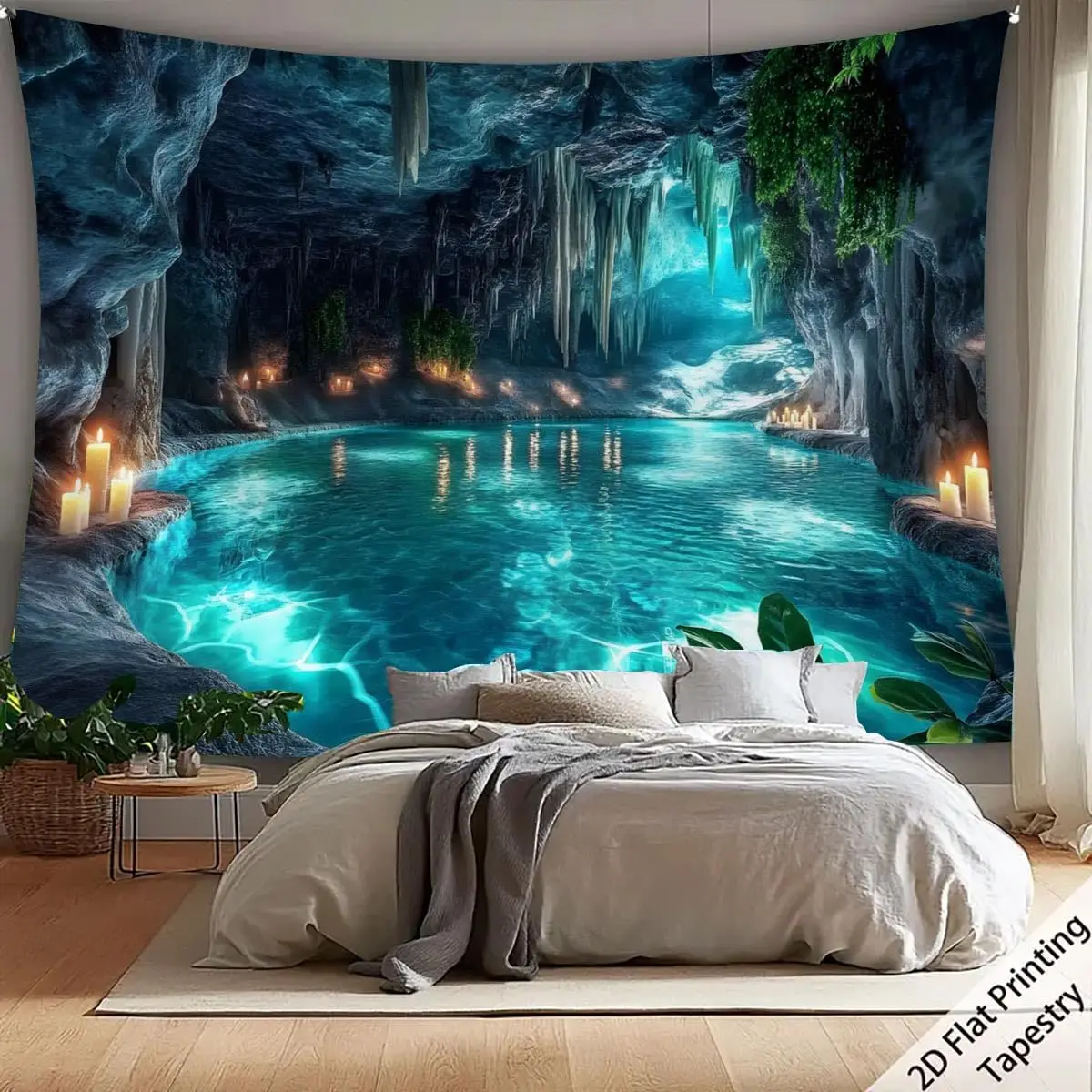 Nature Karst Cave Waterfall Tapestry Sunshine Wonderland Cave Sky Blue Water Landscape Wall Hanging Backdrop for Home Decor