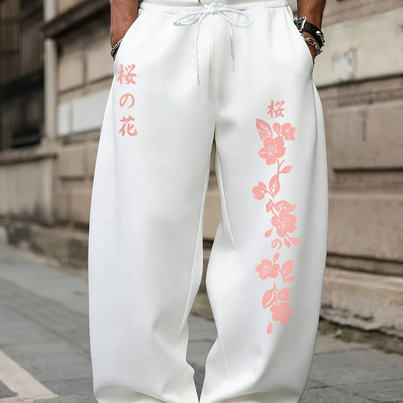 Japanese Cherry Blossom Print 3D Micro Elastic Unisex Casual Fashion Spring and Autumn Straight Drawstring Waist Circumference