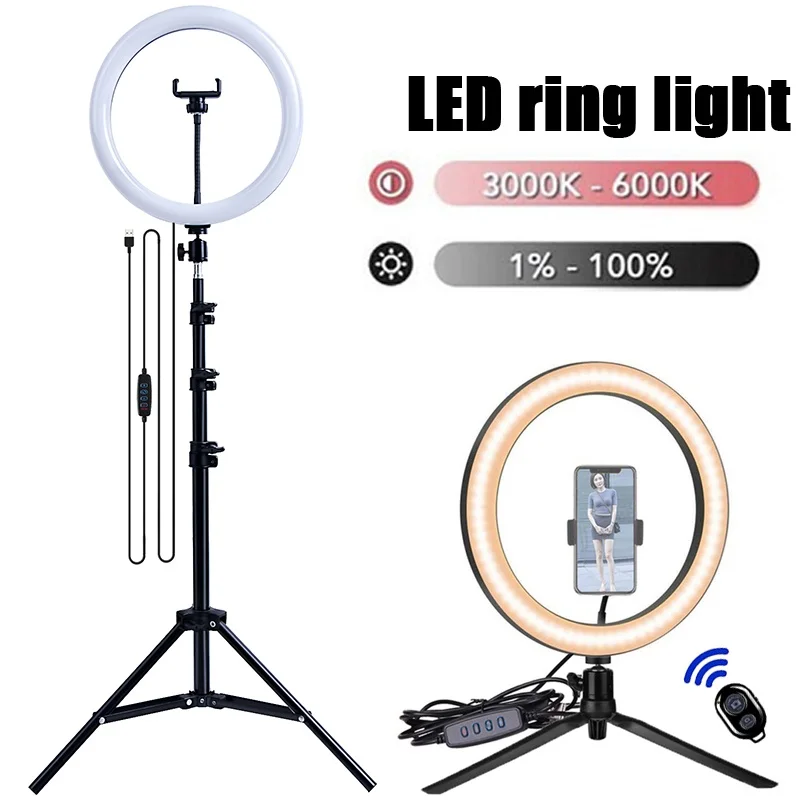 16/26/33cm LED Selfie Ring Lamp Photography Video Light Dimmable Fill Light With Tripod Phone Remote Control Lamp For Live Video
