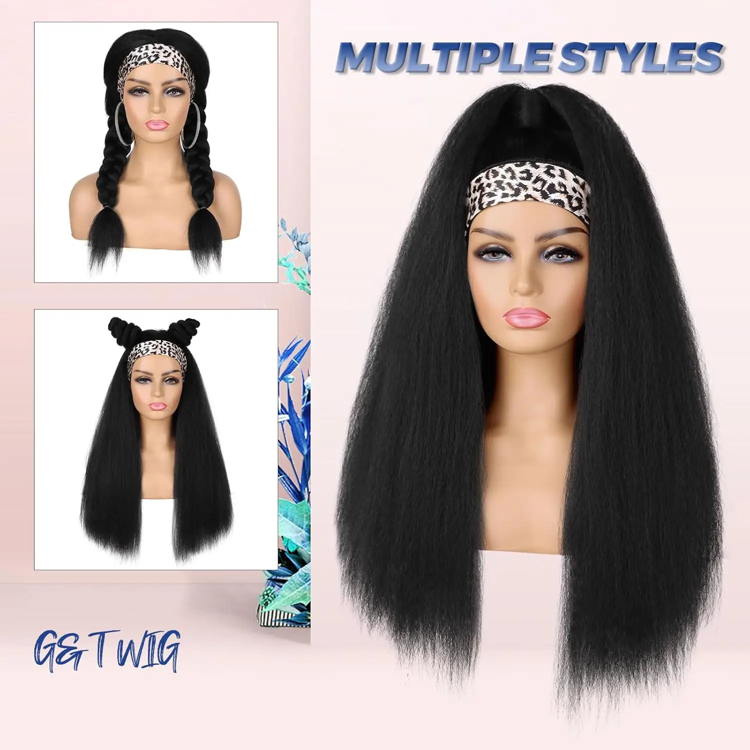Synthetic Yaki Straight Headband Wigs for Black Women Long Kinky Straight Hair Wigs With Hair Band thumbnail 2