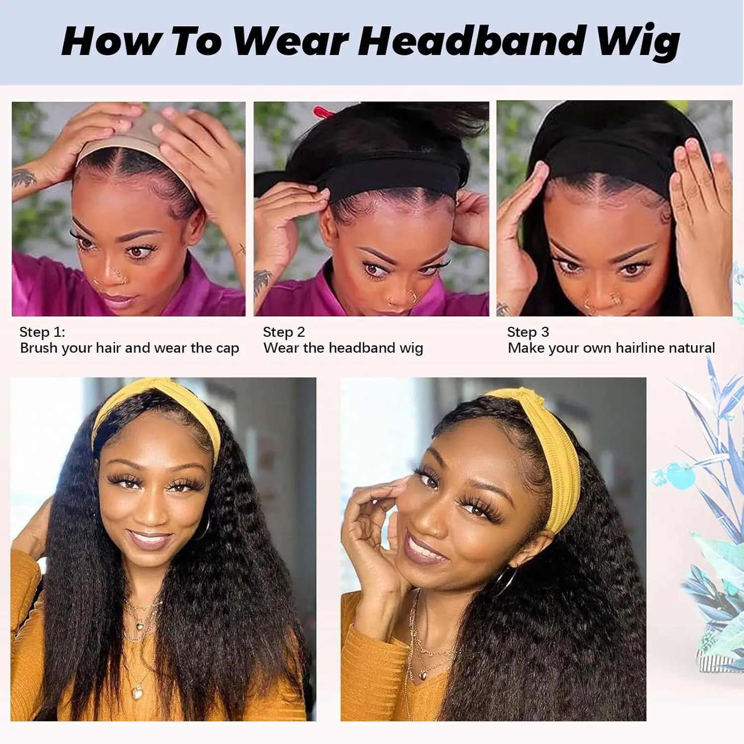 Synthetic Yaki Straight Headband Wigs for Black Women Long Kinky Straight Hair Wigs With Hair Band thumbnail 5