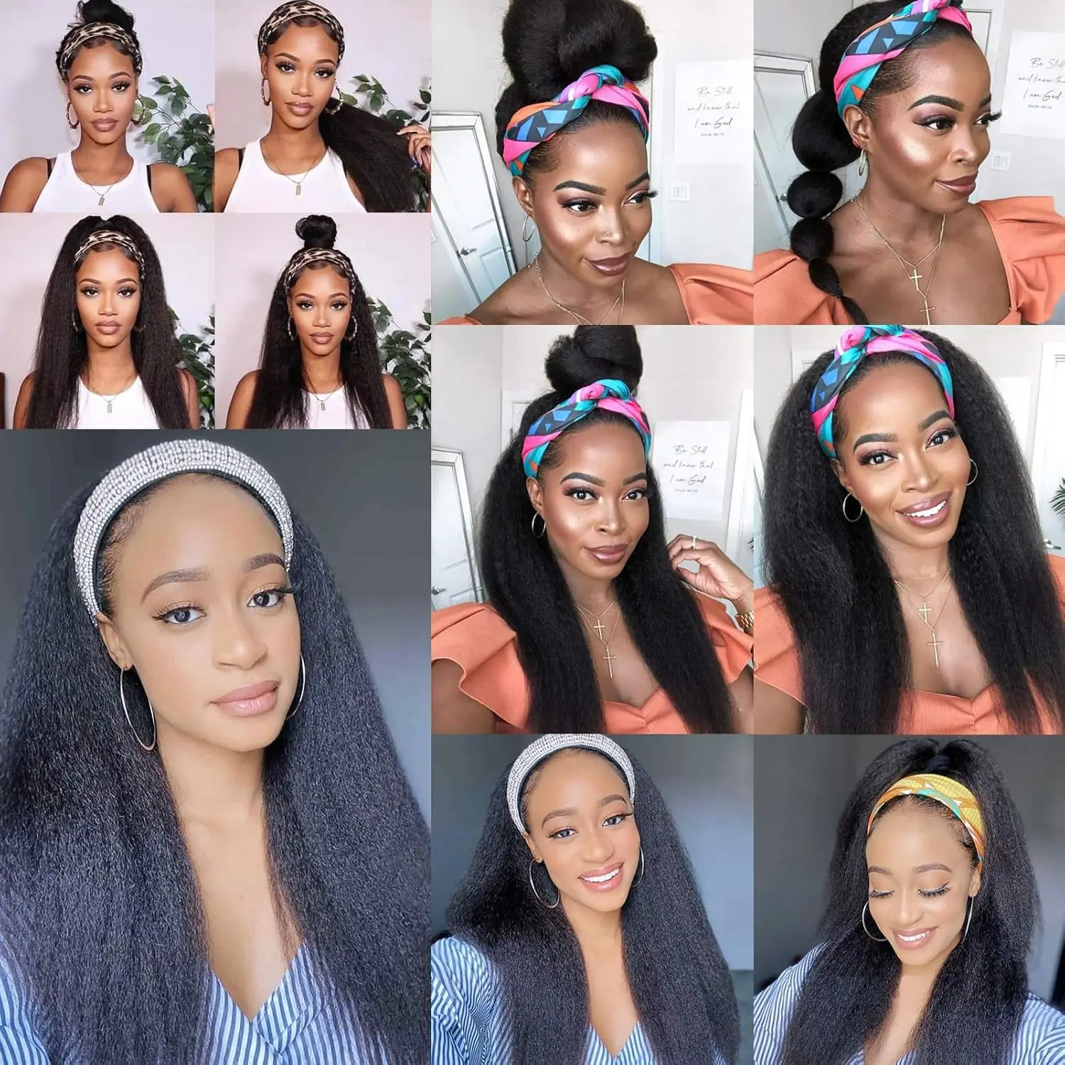 Synthetic Yaki Straight Headband Wigs for Black Women Long Kinky Straight Hair Wigs With Hair Band thumbnail 6