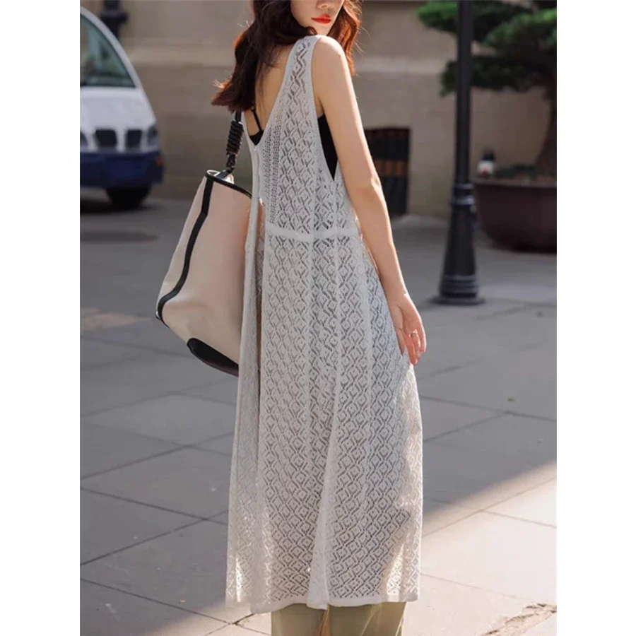 Knitwears White V-Neck Knitted Sweater Women Cardigans New Hollow Out Sleeveless Knit Sweater Cardigan Women Tops Sweaters Q3908 thumbnail 2