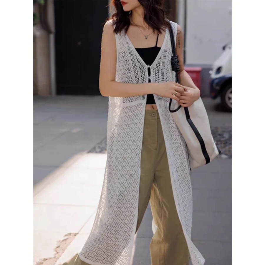 Knitwears White V-Neck Knitted Sweater Women Cardigans New Hollow Out Sleeveless Knit Sweater Cardigan Women Tops Sweaters Q3908 thumbnail 3