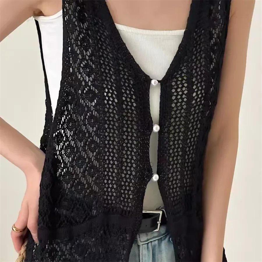 Knitwears White V-Neck Knitted Sweater Women Cardigans New Hollow Out Sleeveless Knit Sweater Cardigan Women Tops Sweaters Q3908 thumbnail 6