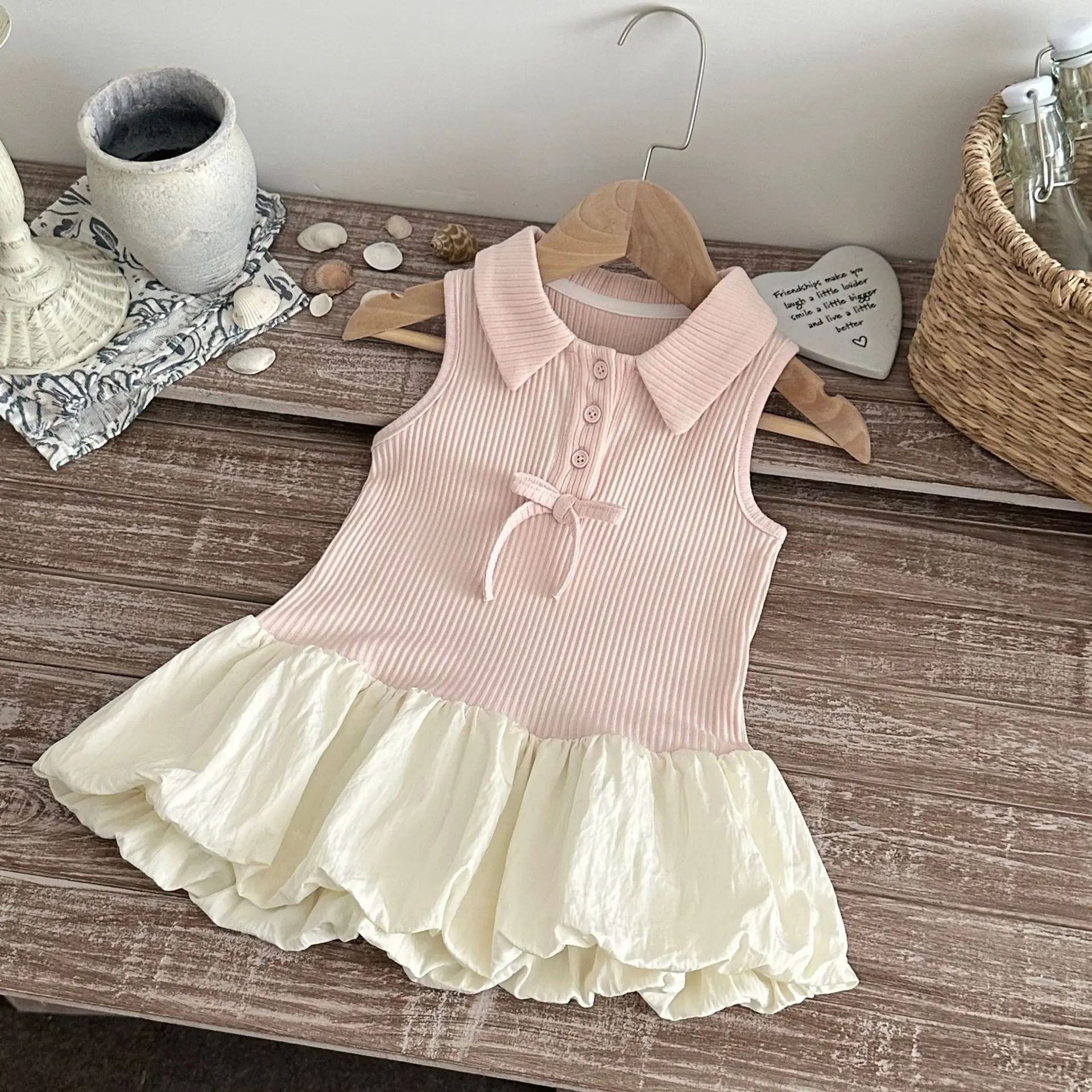 2026 New Summer Sweet Style Baby Dress Pink Bow Bubble Hem Sleeveless Dress for Toddler Girls Soft Cotton Infant Clothes