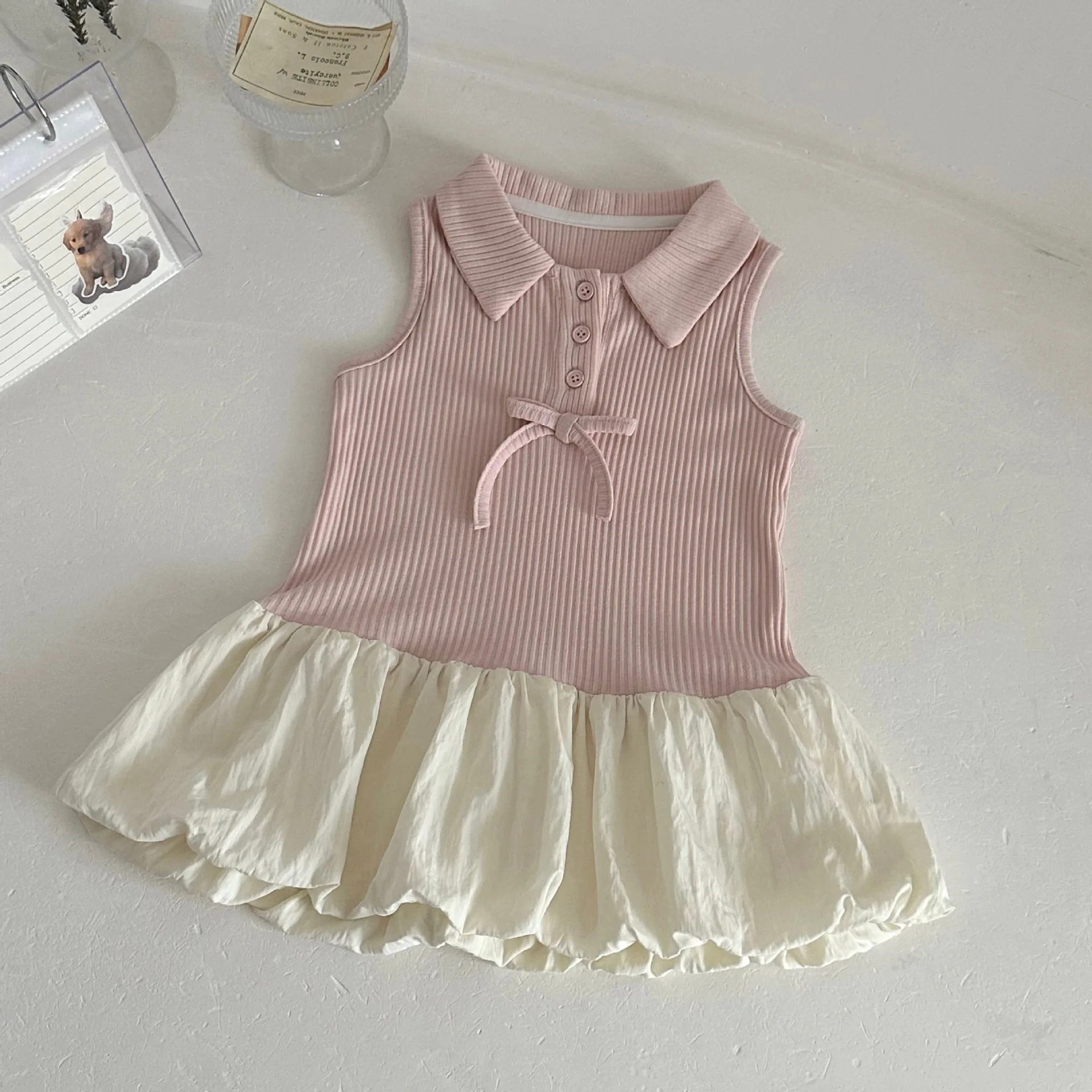 2026 New Summer Sweet Style Baby Dress Pink Bow Bubble Hem Sleeveless Dress for Toddler Girls Soft Cotton Infant Clothes thumbnail 3