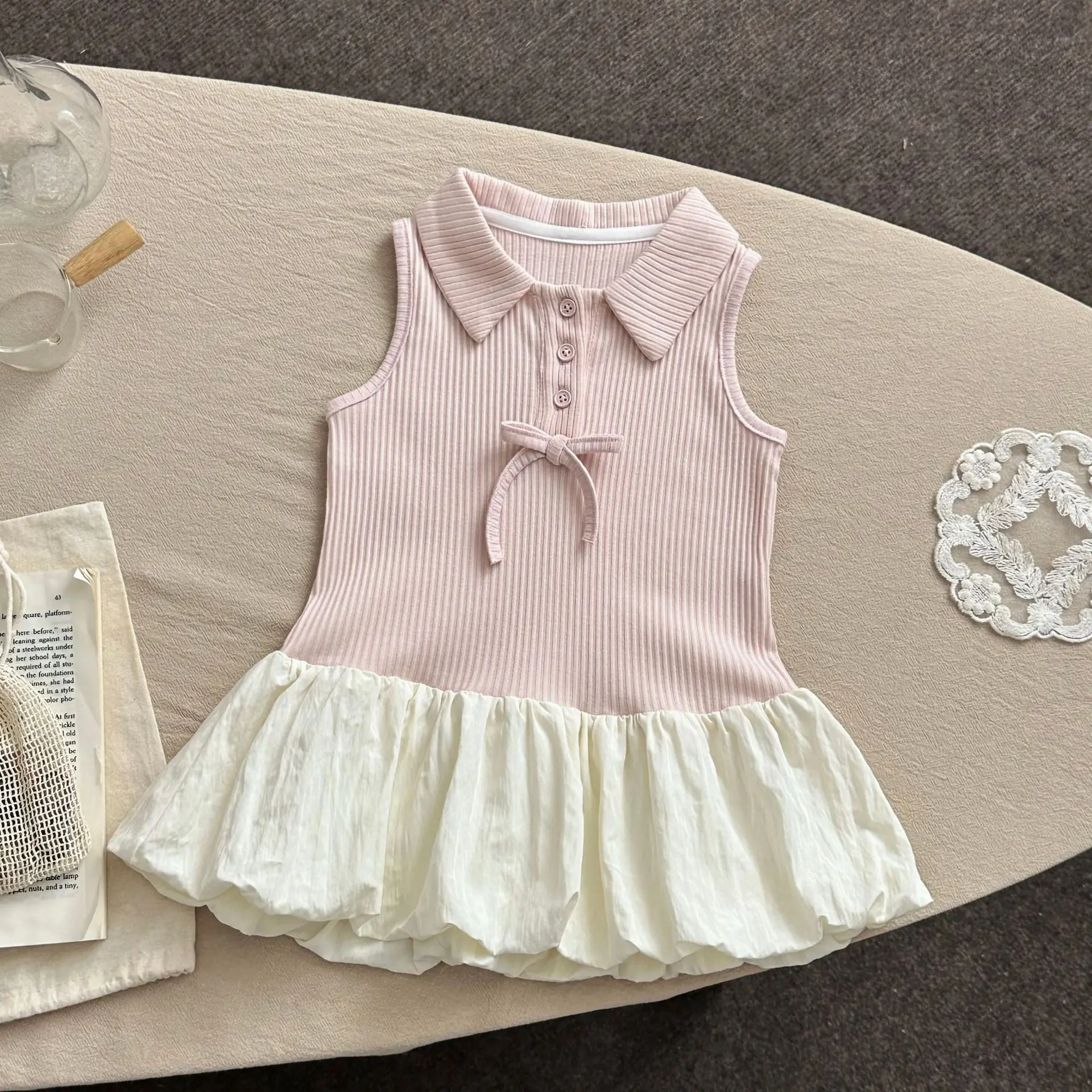 2026 New Summer Sweet Style Baby Dress Pink Bow Bubble Hem Sleeveless Dress for Toddler Girls Soft Cotton Infant Clothes thumbnail 2