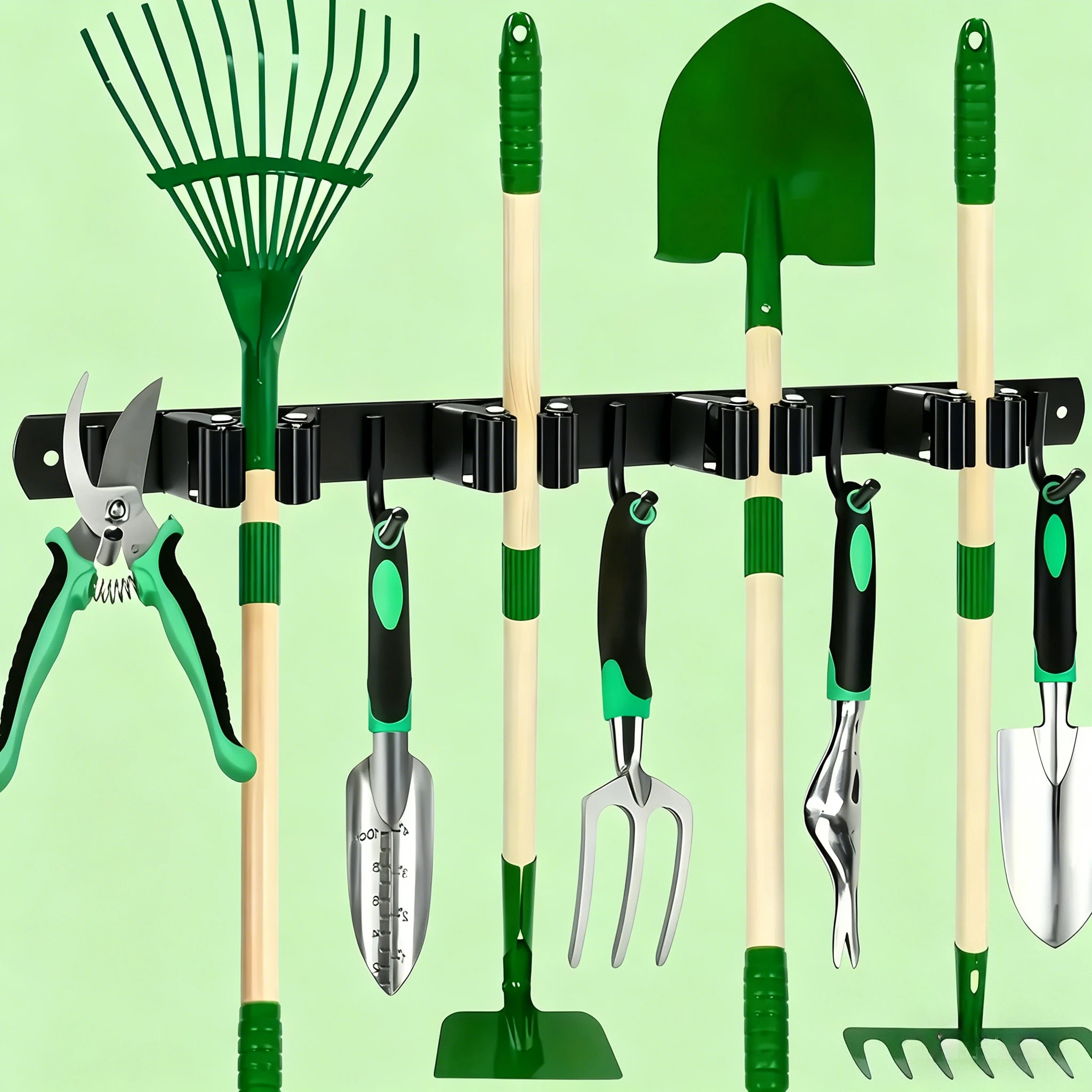Wall-Mounted Tool Storage Rack with 4 Slots and 5 Hooks Metal Heavy Duty Organizer for Garden Broom Mop Garage Equipment