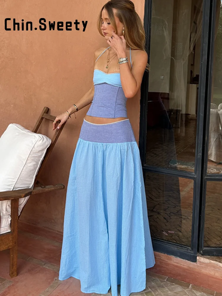 Fashion Women's Hanging Neck Top Skirt Set Slim Sleeveless Backless Bandage Tops A-line Long Skirts 2026 Summer Lady Beach Suits thumbnail 3
