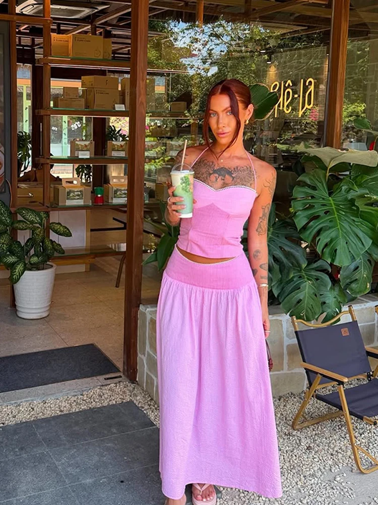 Fashion Women's Hanging Neck Top Skirt Set Slim Sleeveless Backless Bandage Tops A-line Long Skirts 2026 Summer Lady Beach Suits thumbnail 6