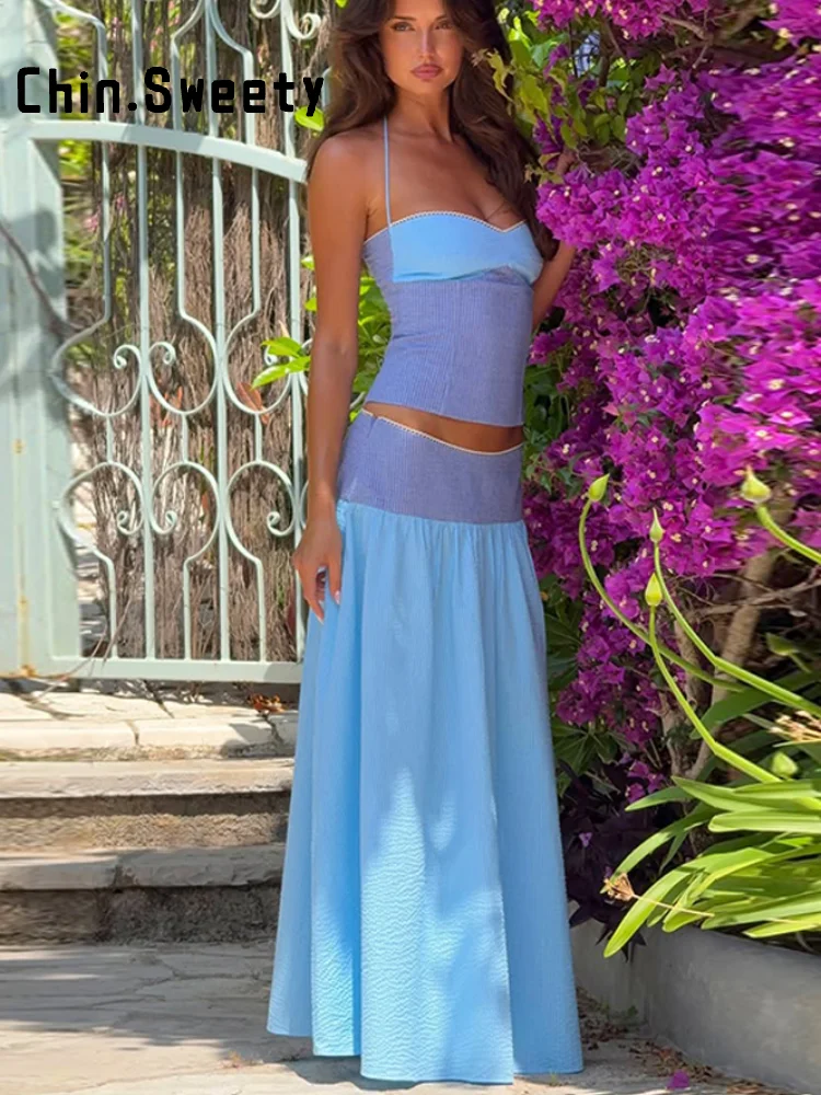 Fashion Women's Hanging Neck Top Skirt Set Slim Sleeveless Backless Bandage Tops A-line Long Skirts 2026 Summer Lady Beach Suits