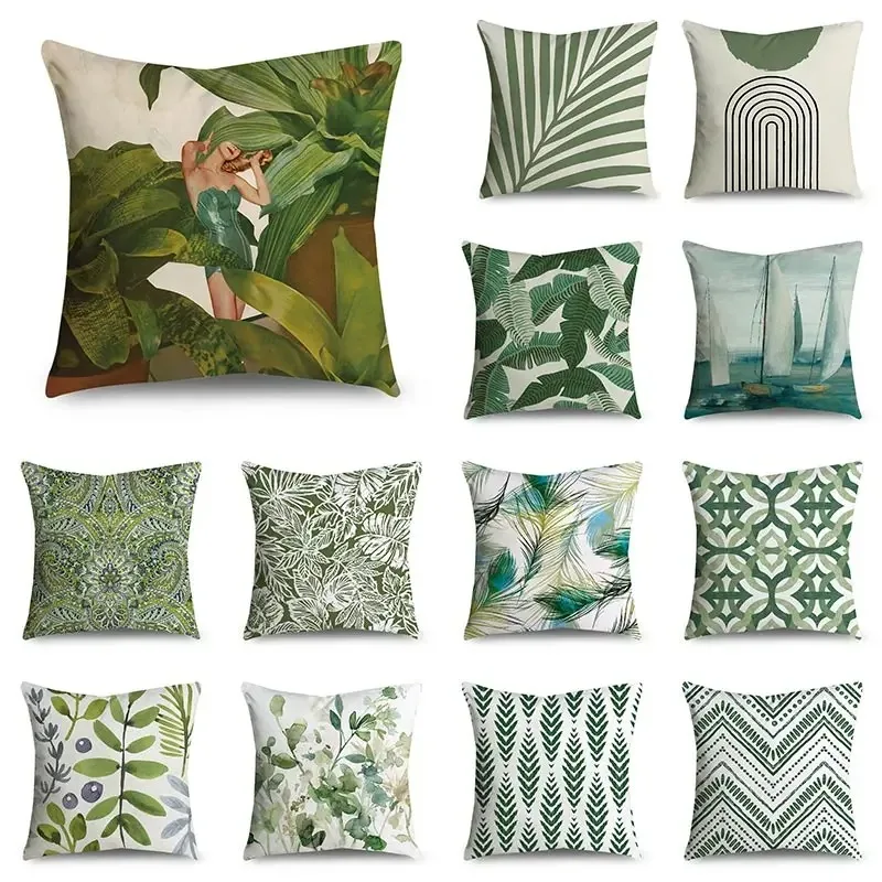 Green plant pattern design Double-sided Printed pillow cover Short plush Suitable living rooms bedrooms sofa throw cushion cover