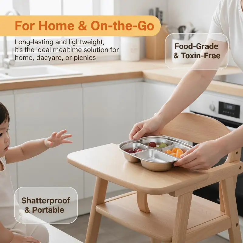 Stainless Steel Divided Dinner Plate 3 Section Compartment Mess Tray Reusable for Kids Home School Lunch Food Service thumbnail 4