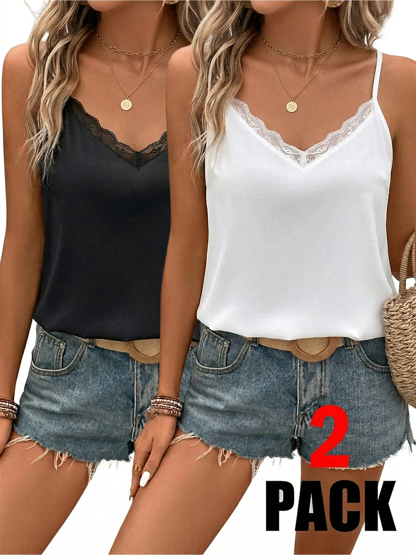 Summer plus size new women's camisole vest two-piece set, lace and lace V-neck versatile top, black and white two-piece