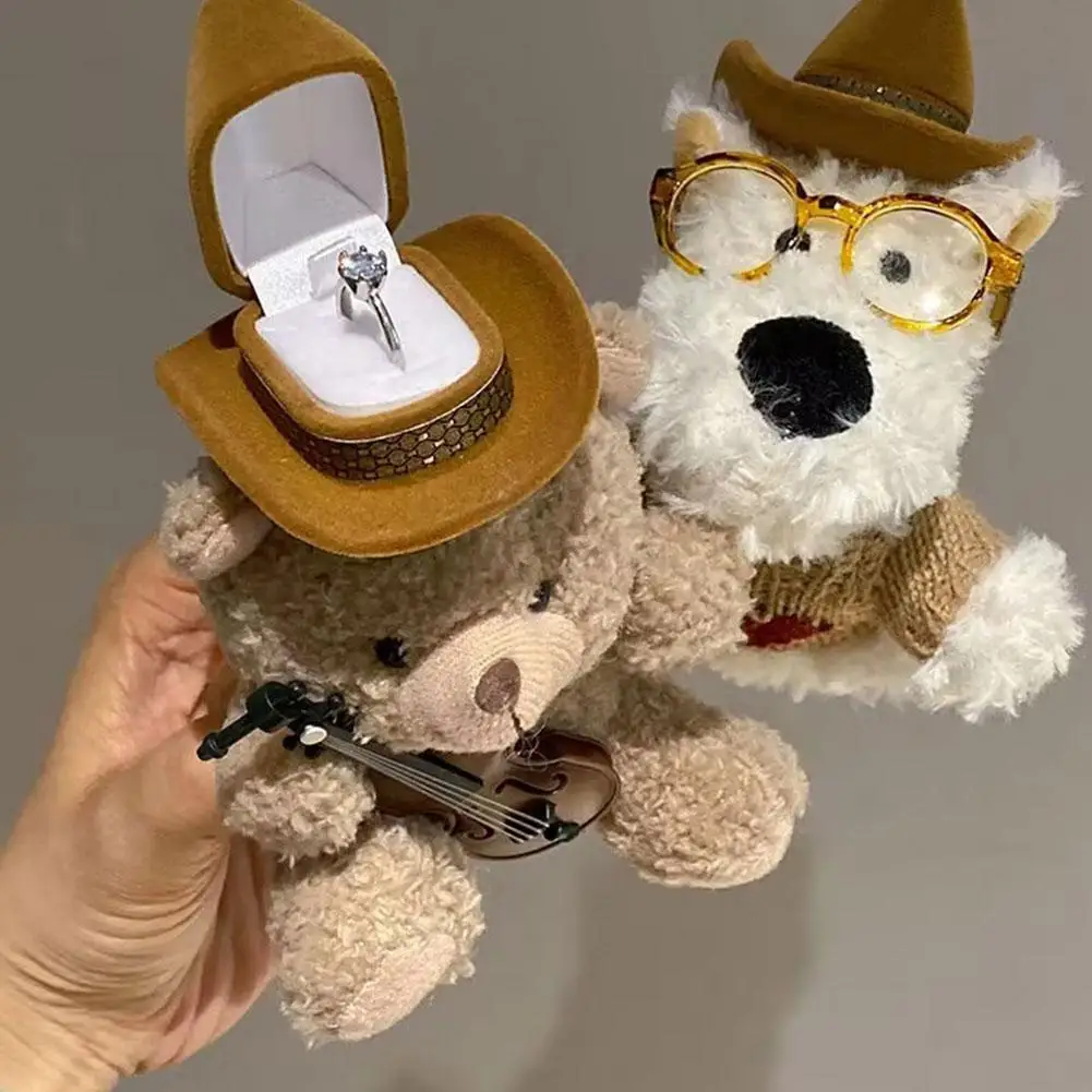 West Highland Dog Plush Doll Ring Display Box Jewelry Cute Violin Brown Bear Surprise Proposal Ring Gift Box Ring Holder