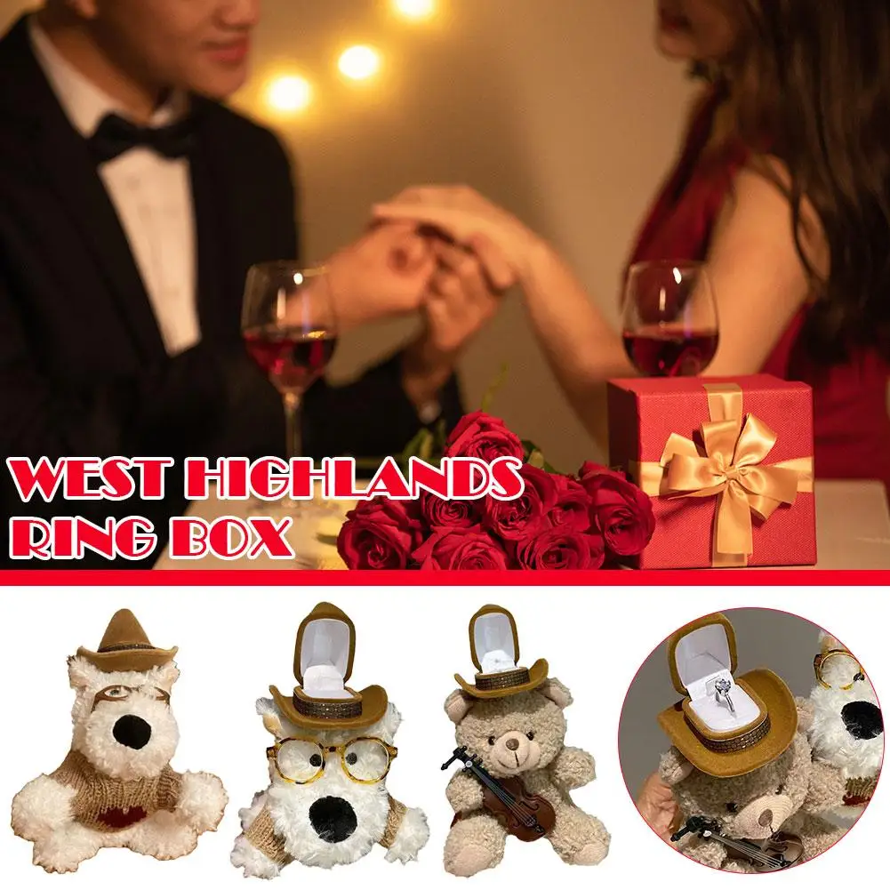 West Highland Dog Plush Doll Ring Display Box Jewelry Cute Violin Brown Bear Surprise Proposal Ring Gift Box Ring Holder thumbnail 5