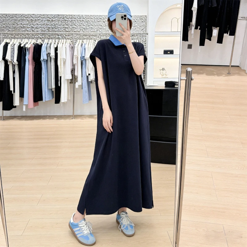 Polo Neck Contrast Patchwork Plus Size T Shirt Dress Women Clothing Short Sleeve Simplicity Casual Dresses Fashion Korean Summer thumbnail 2