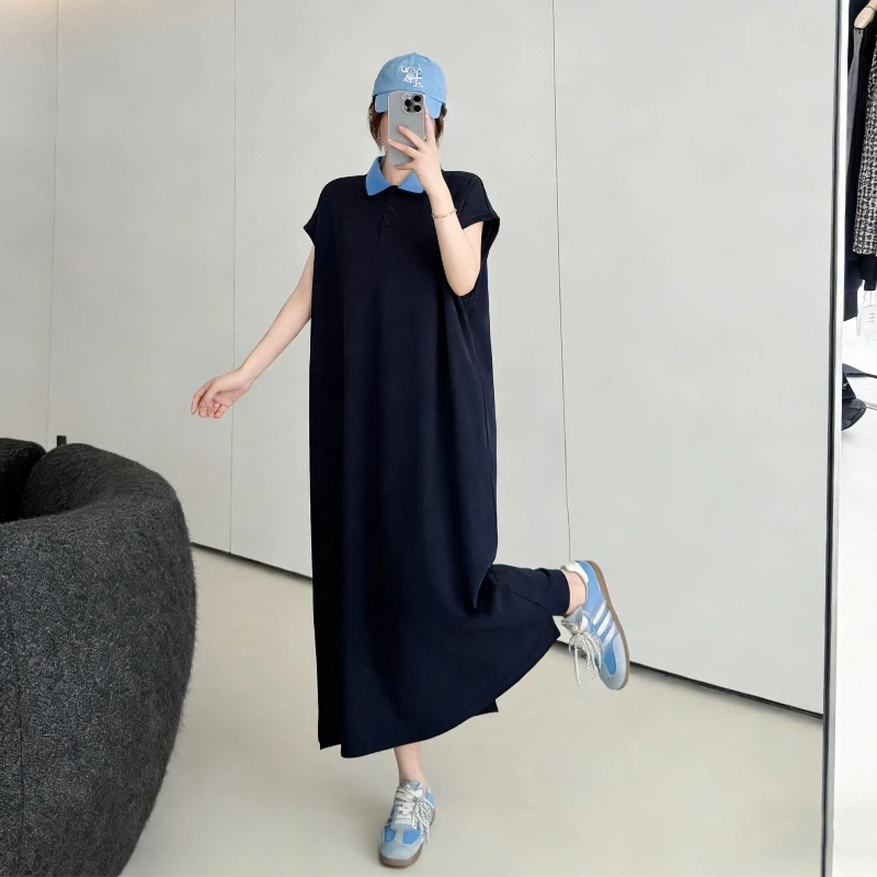 Polo Neck Contrast Patchwork Plus Size T Shirt Dress Women Clothing Short Sleeve Simplicity Casual Dresses Fashion Korean Summer thumbnail 5