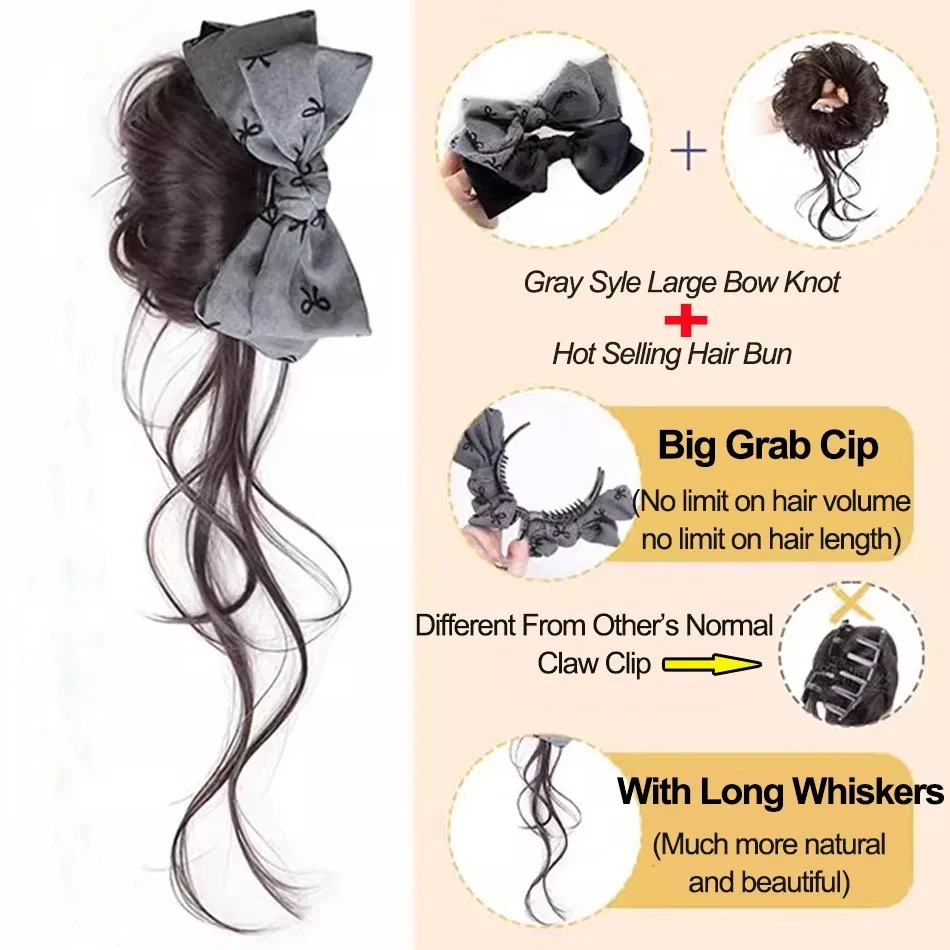 Synthetic Fiber Clip In Wavy Ponytail Hairpiece with Bow Natural Look Easy to Wear Instant Volume and Length thumbnail 4