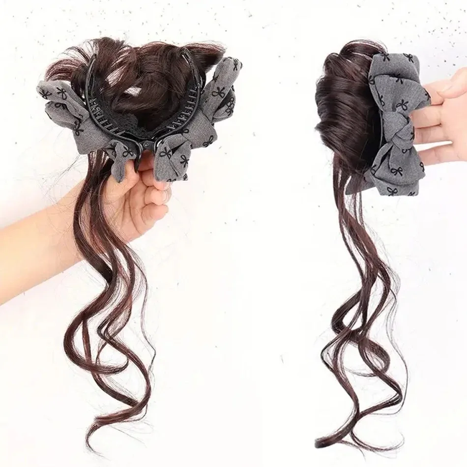 Synthetic Fiber Clip In Wavy Ponytail Hairpiece with Bow Natural Look Easy to Wear Instant Volume and Length thumbnail 2