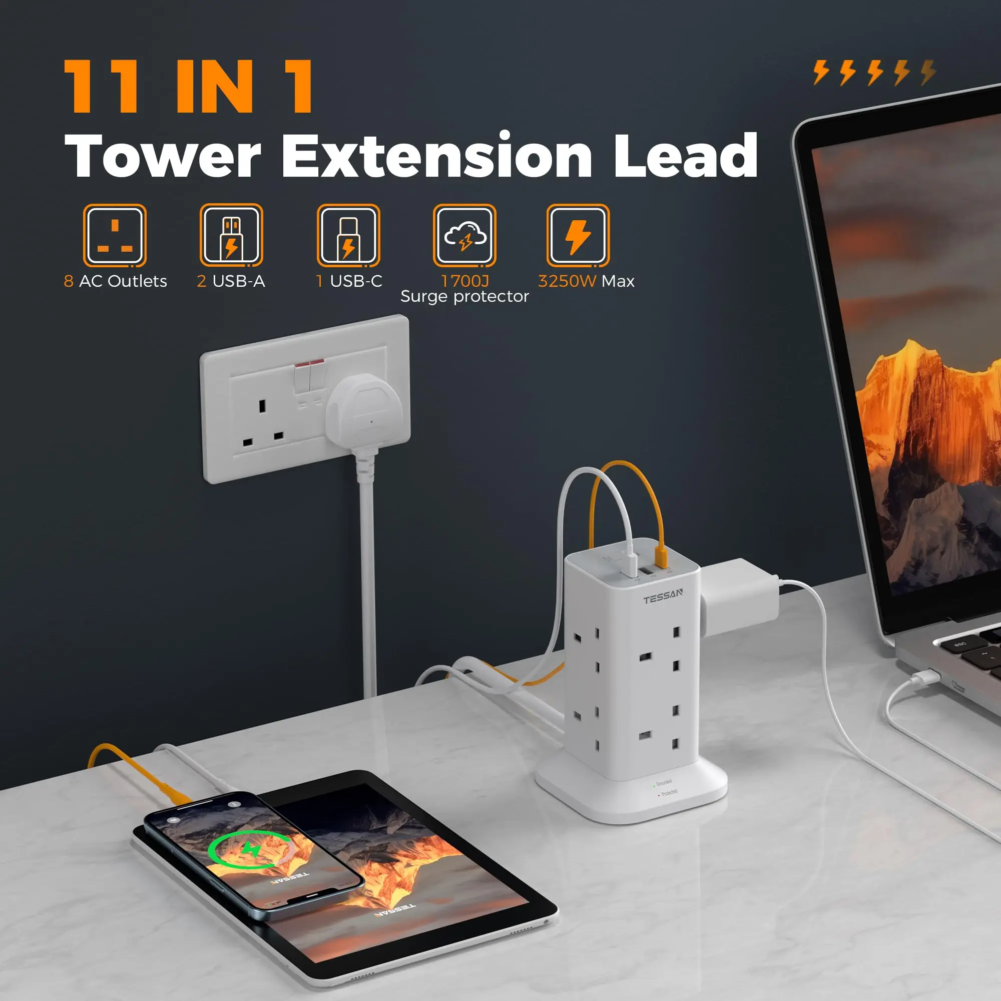 Multi Tower Power Strip with 8 Outlet 3 USB Ports with Switch UK Plug Socket 2m/5m Extension Cord Surge Protection thumbnail 2