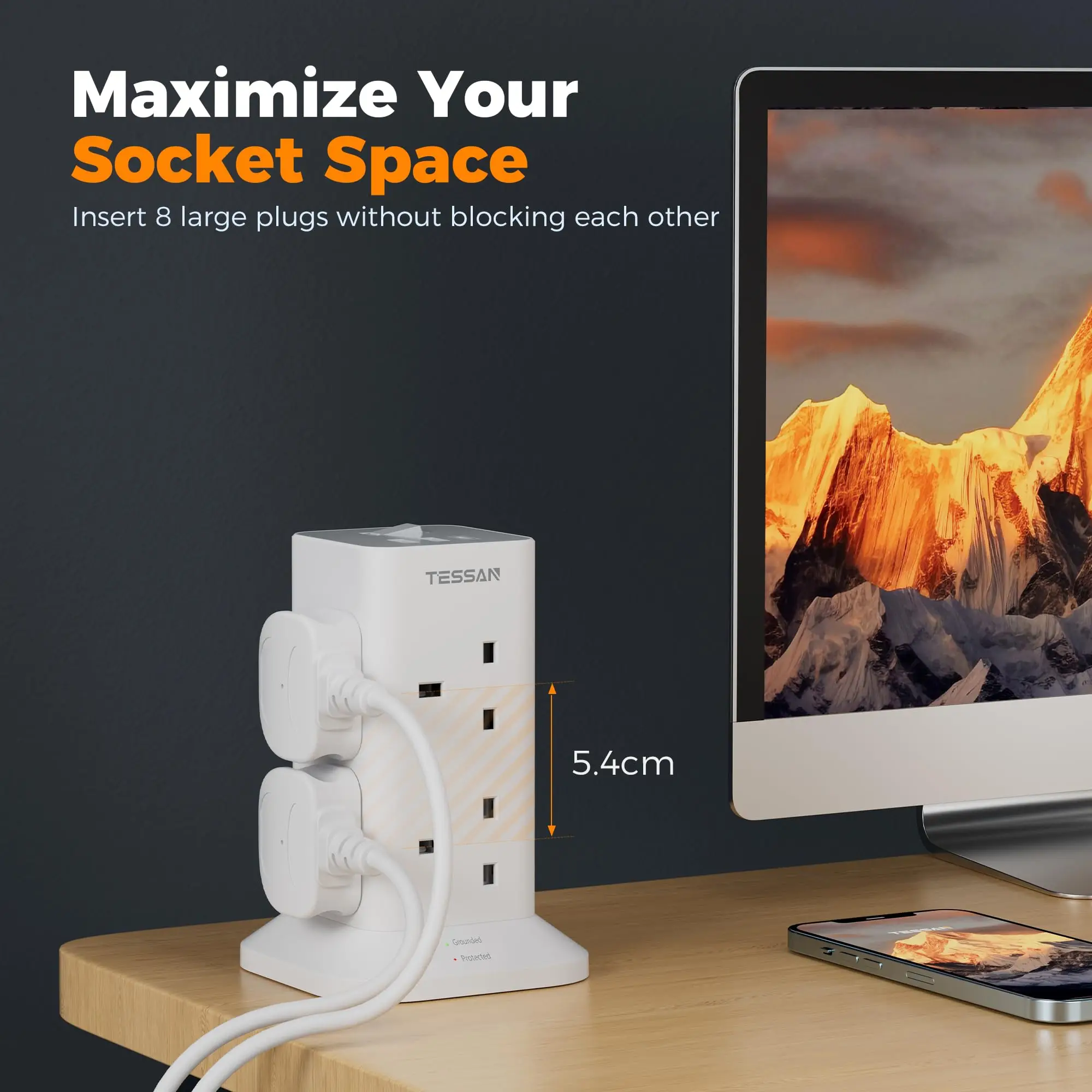 Multi Tower Power Strip with 8 Outlet 3 USB Ports with Switch UK Plug Socket 2m/5m Extension Cord Surge Protection thumbnail 6