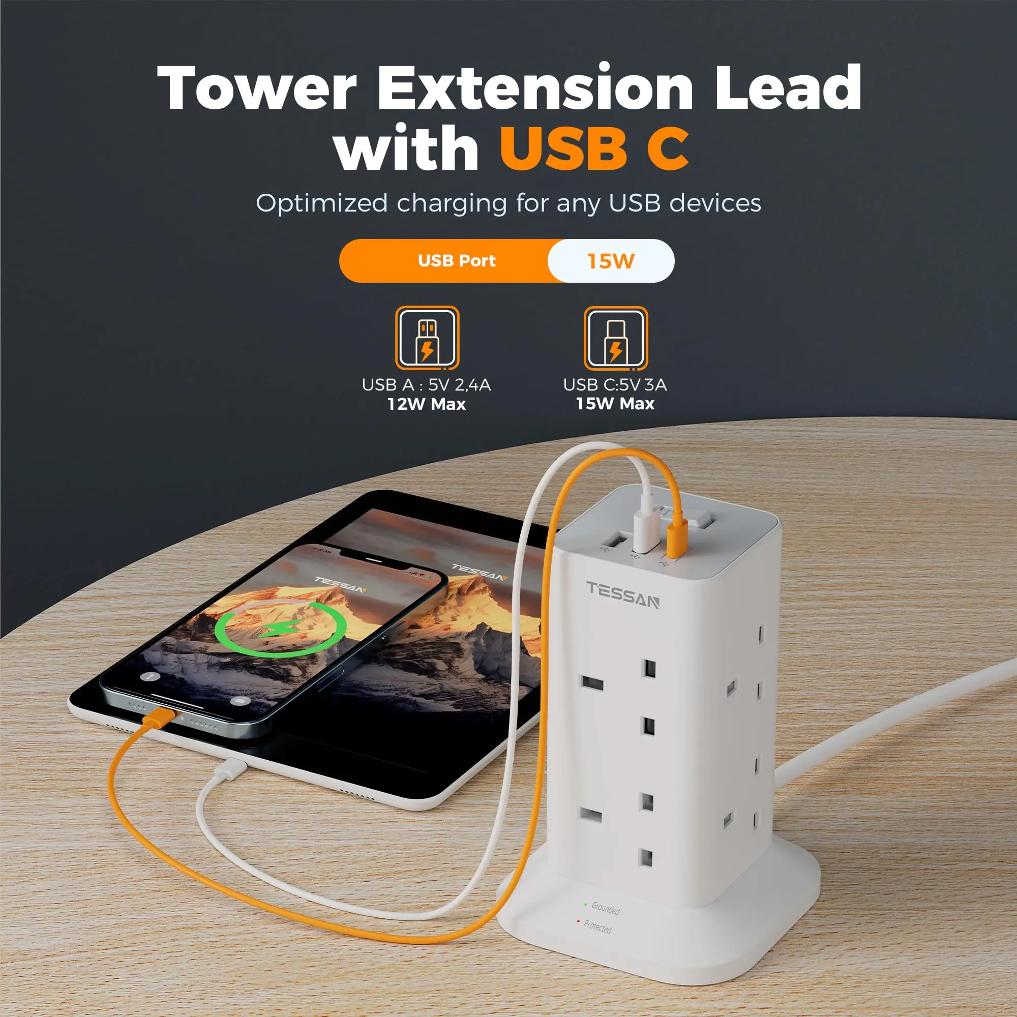 Multi Tower Power Strip with 8 Outlet 3 USB Ports with Switch UK Plug Socket 2m/5m Extension Cord Surge Protection thumbnail 3