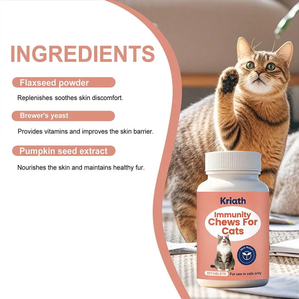 Cat Skin Relief Chewable Tablets 60pcs - Natural Itchy Skin Support For Cats With Oat Extract & Vitamin E, Soothe Dry Irrit S7O4