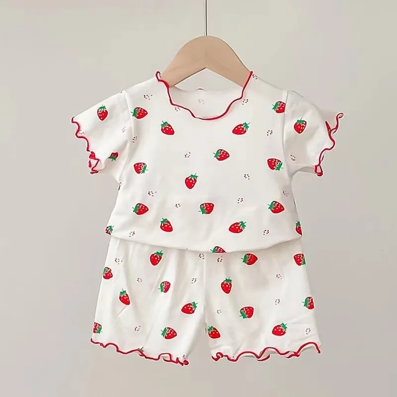 Baby Girl Strawberry Pajamas Set Summer Short Sleeve Thin Two Piece Toddler Kids Sleepwear Infant Home Wear Clothes