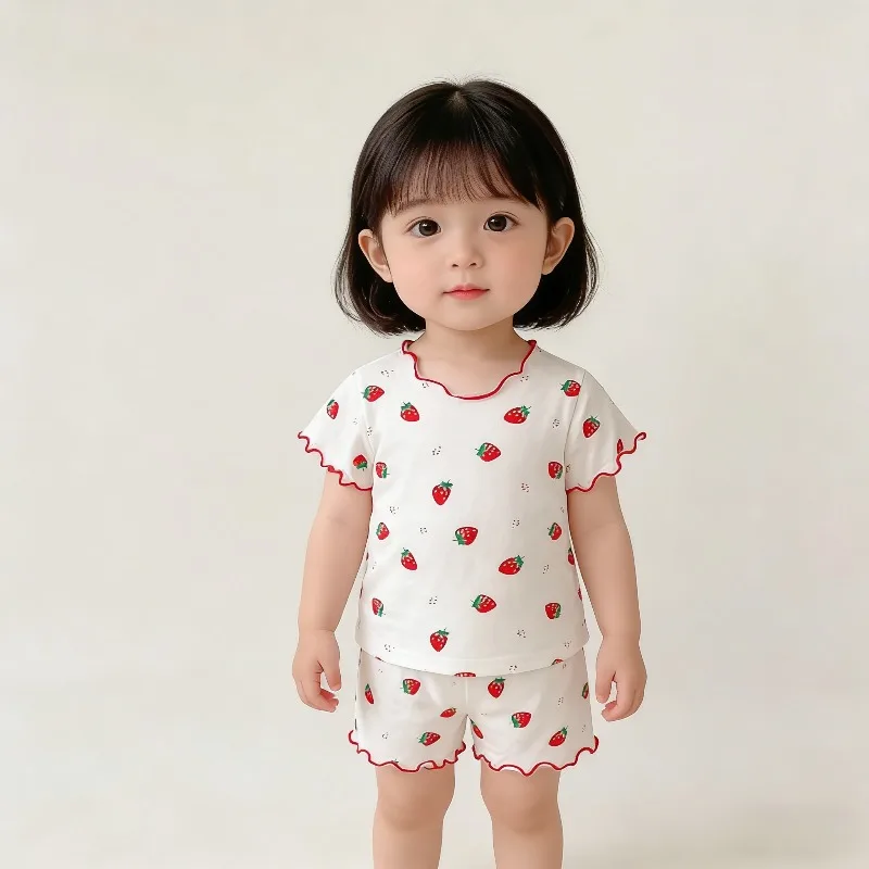 Baby Girl Strawberry Pajamas Set Summer Short Sleeve Thin Two Piece Toddler Kids Sleepwear Infant Home Wear Clothes thumbnail 6