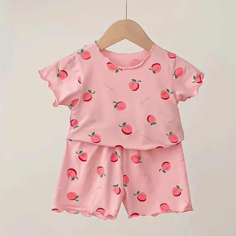 Baby Girl Strawberry Pajamas Set Summer Short Sleeve Thin Two Piece Toddler Kids Sleepwear Infant Home Wear Clothes thumbnail 2