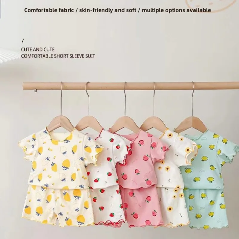 Baby Girl Strawberry Pajamas Set Summer Short Sleeve Thin Two Piece Toddler Kids Sleepwear Infant Home Wear Clothes thumbnail 5