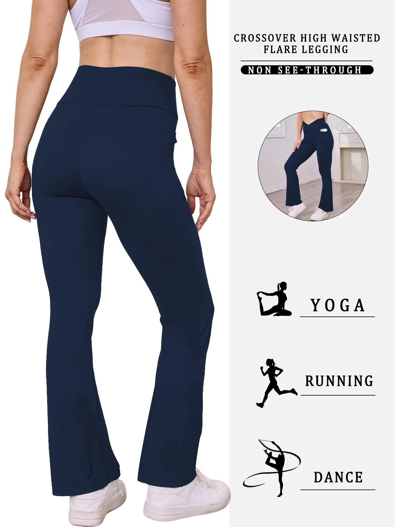 Womens Super Soft Crossover High Waisted Flare Leggings with Pockets Tummy Control Yoga Pants thumbnail 2