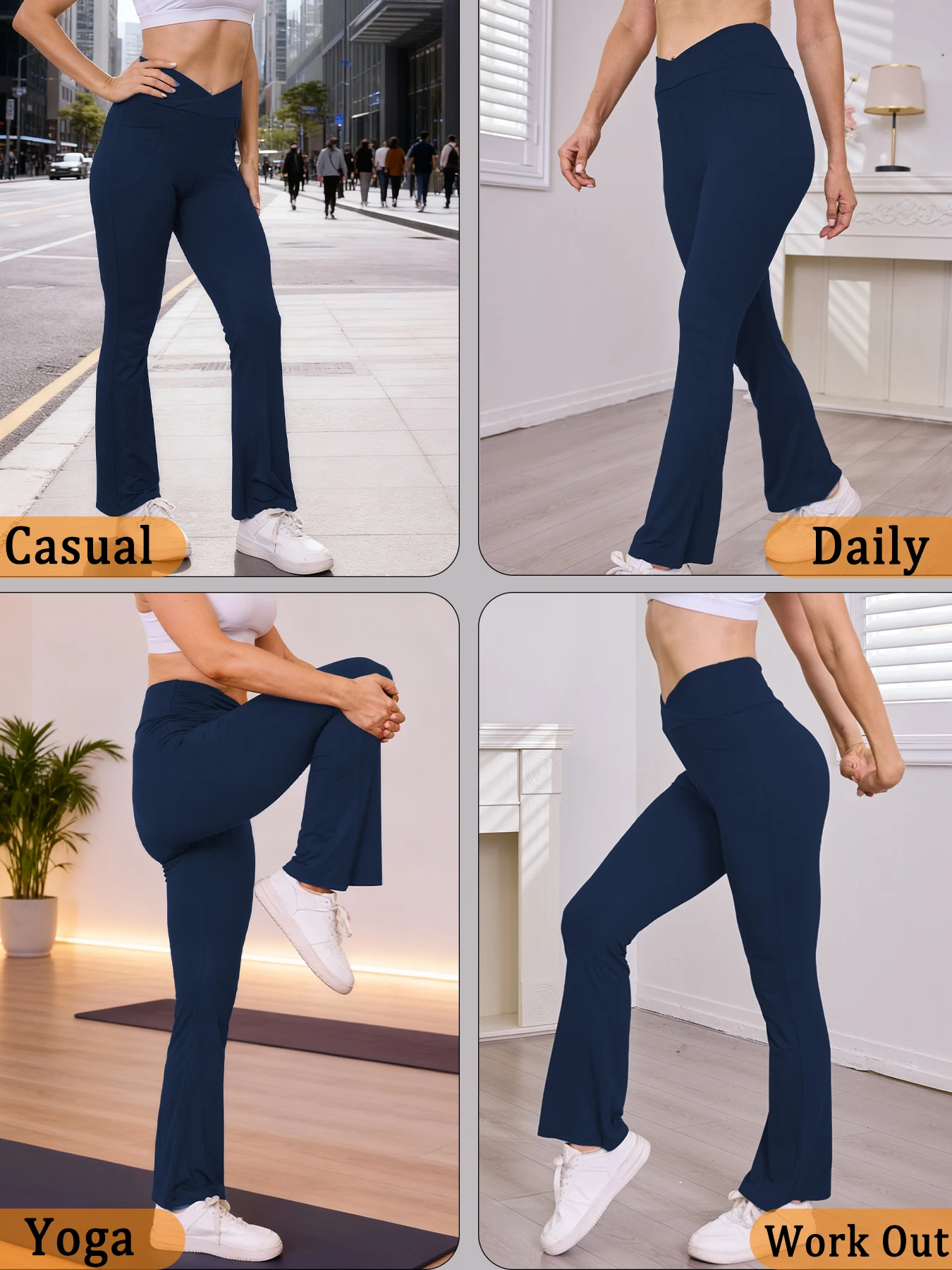 Womens Super Soft Crossover High Waisted Flare Leggings with Pockets Tummy Control Yoga Pants thumbnail 3