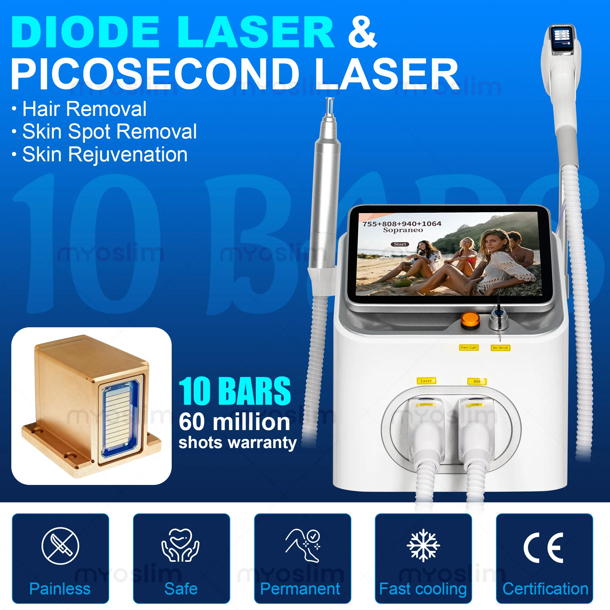 Painless Diode Alexandrite Picosecond Laser 2in1 Hair Removal & Tattoo Removal Machine with Multi-function Cooling SystemBeauty