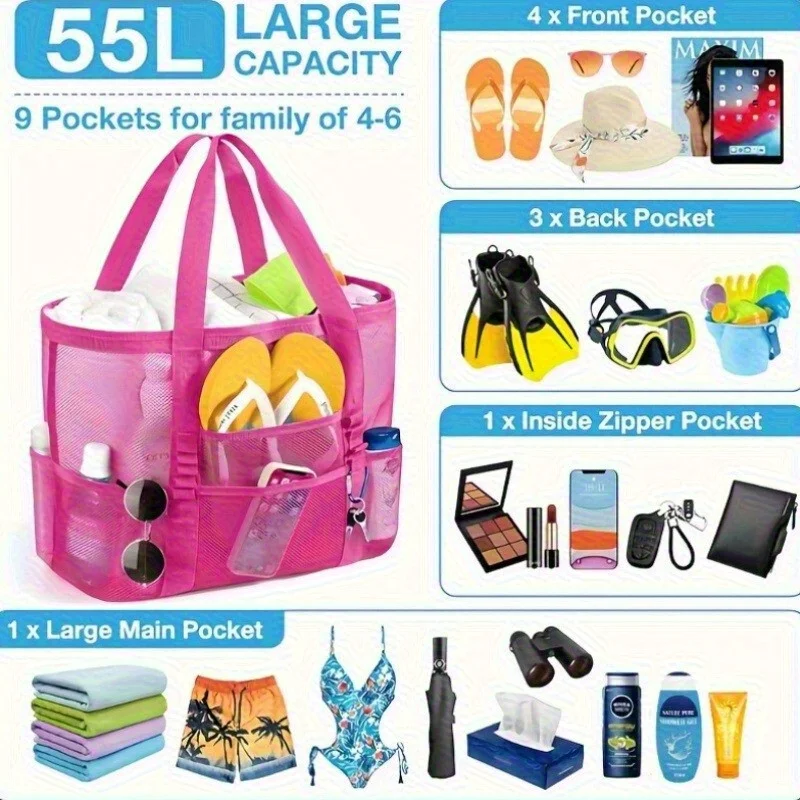 Beach Bags Sandproof Mesh Beach Pool Travel Storage Tote Bag with Multiple Pockets for Family Beach Bag for Vacation Essentials thumbnail 4
