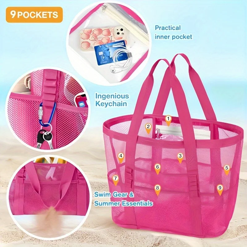 Beach Bags Sandproof Mesh Beach Pool Travel Storage Tote Bag with Multiple Pockets for Family Beach Bag for Vacation Essentials thumbnail 3