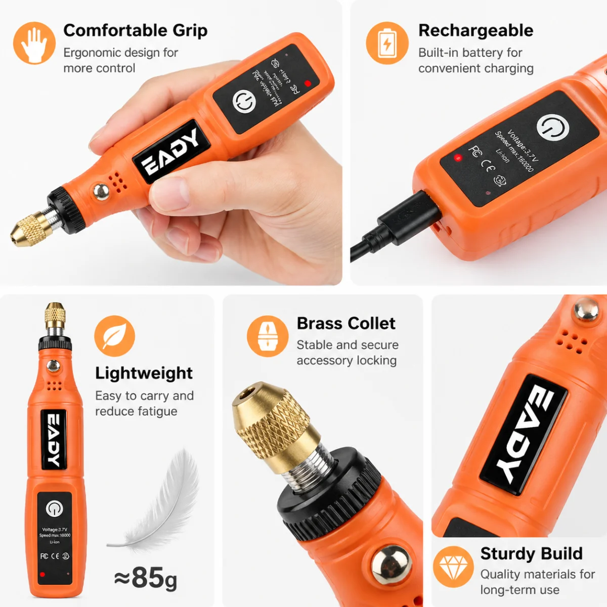 EADY 5-Speed Multifunctional USB Electric Rotary Tool, Mini Drill & Engraving Kit, Cordless DIY Hand Tools – Perfect for Sanding thumbnail 5