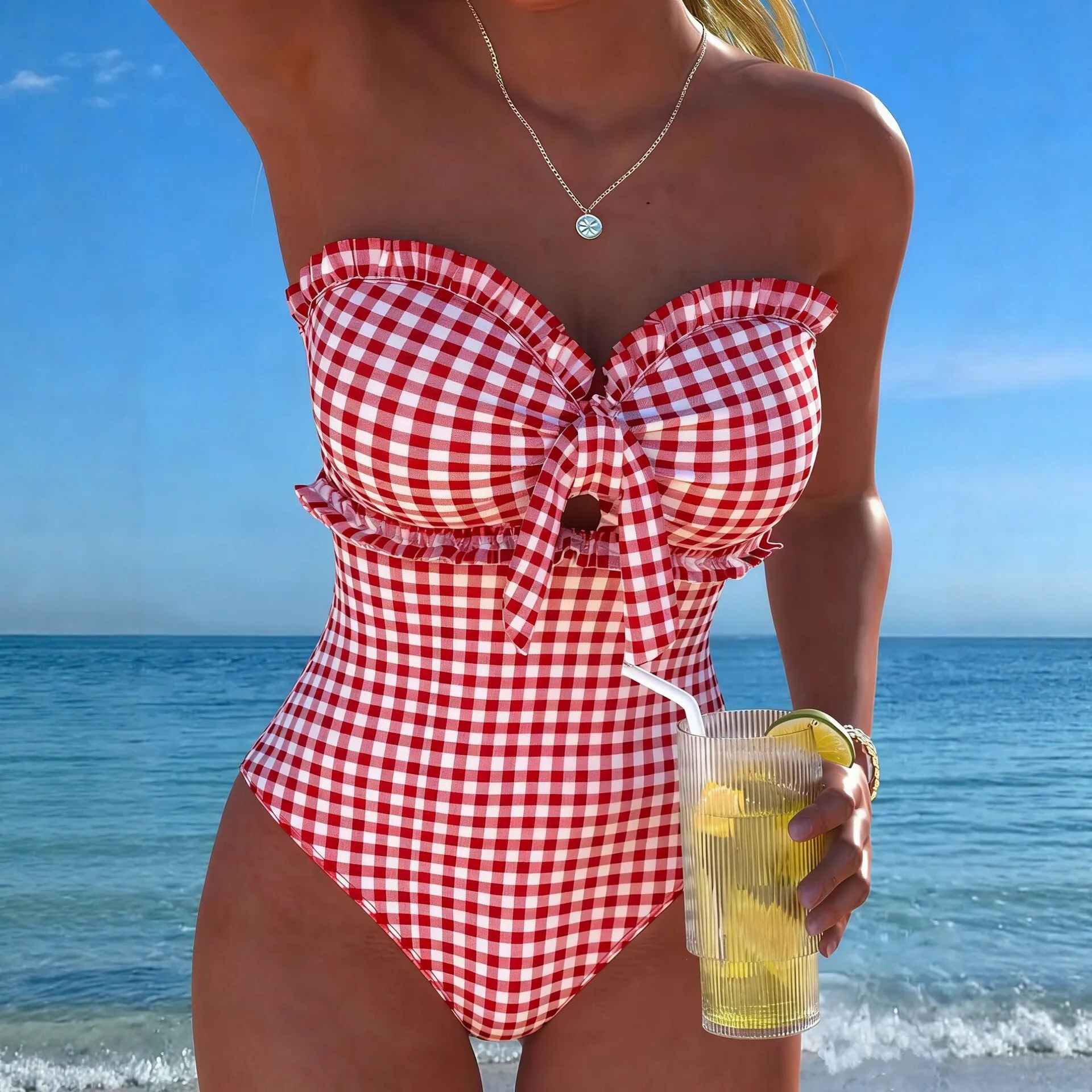 2026 Strappy Swimsuit One Piece Sexy Striped Ruffle Swimwear Women Bathers Bathing Swimming Swim Suit Padded Beachwear Summer thumbnail 4