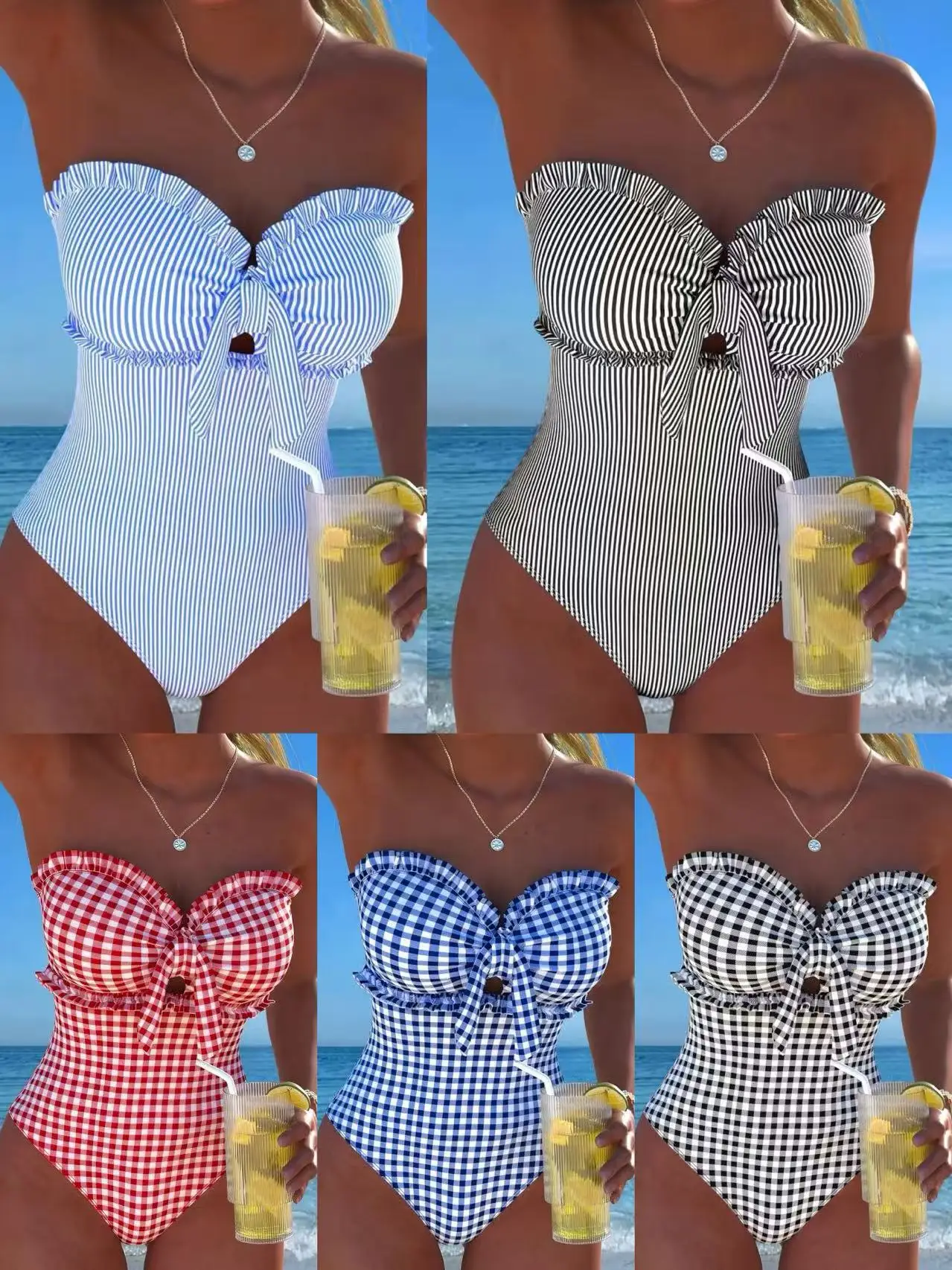 2026 Strappy Swimsuit One Piece Sexy Striped Ruffle Swimwear Women Bathers Bathing Swimming Swim Suit Padded Beachwear Summer thumbnail 6
