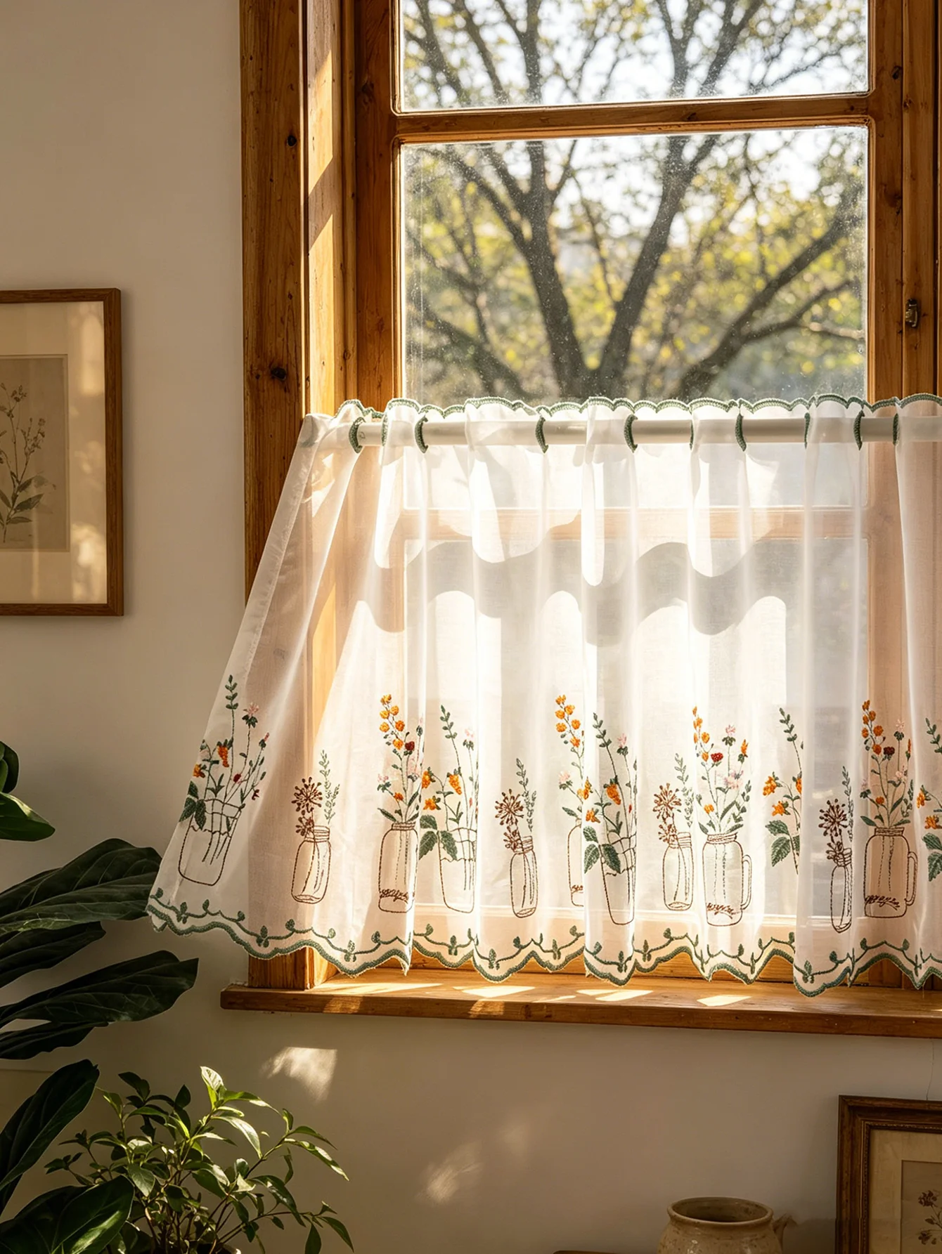 Rustic Farmhouse Floral Sheer Valance Curtain, Vase Flower Embroidered Short Kitchen Curtain, Rod Pocket Light Filtering Window