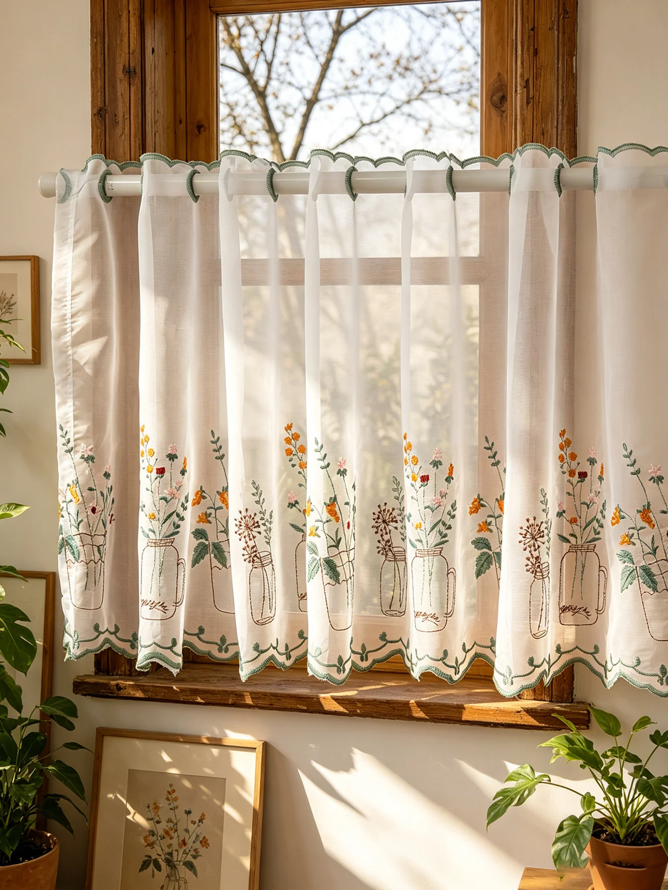 Rustic Farmhouse Floral Sheer Valance Curtain, Vase Flower Embroidered Short Kitchen Curtain, Rod Pocket Light Filtering Window thumbnail 3