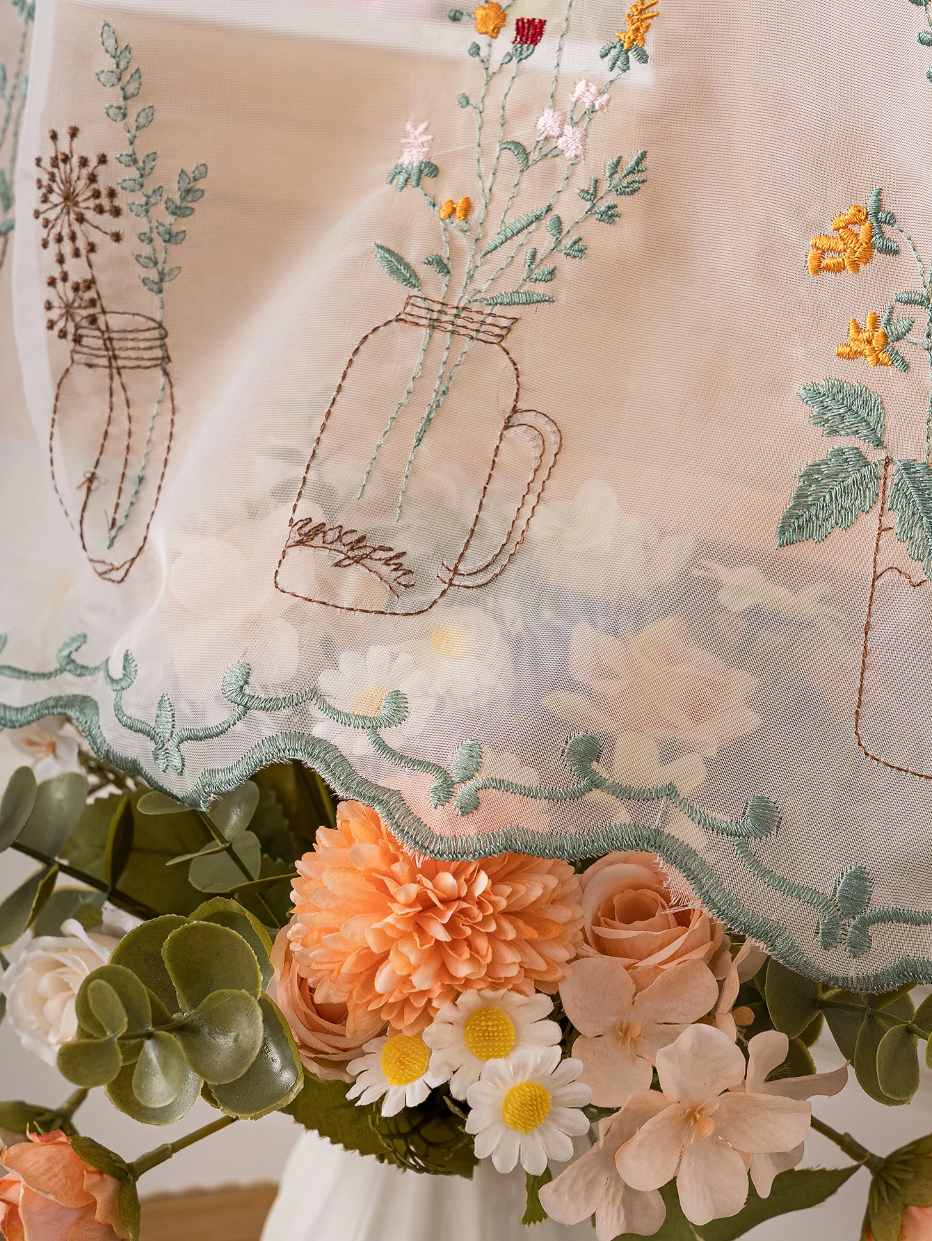 Rustic Farmhouse Floral Sheer Valance Curtain, Vase Flower Embroidered Short Kitchen Curtain, Rod Pocket Light Filtering Window thumbnail 5
