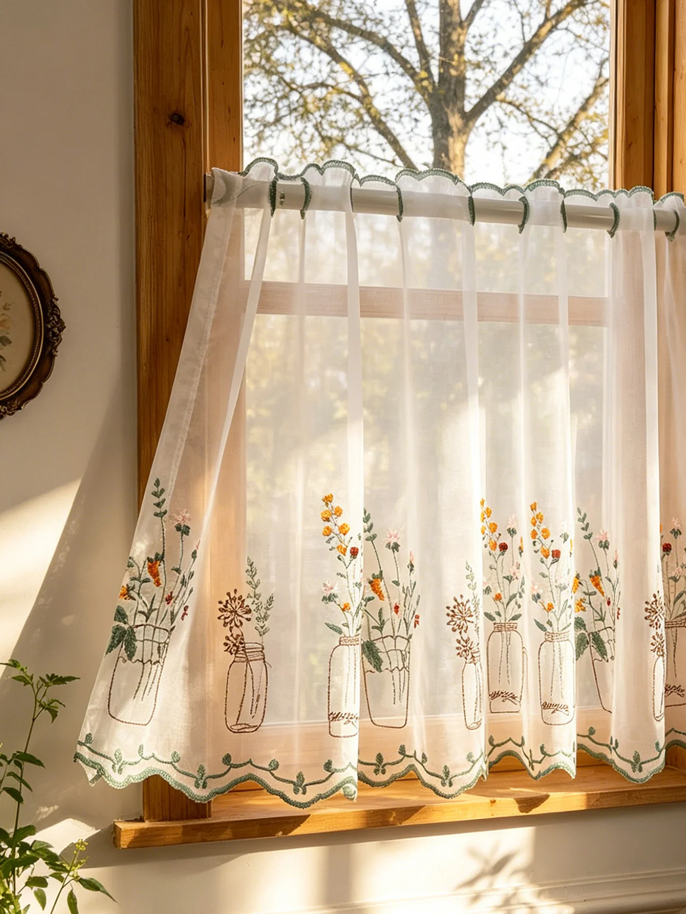 Rustic Farmhouse Floral Sheer Valance Curtain, Vase Flower Embroidered Short Kitchen Curtain, Rod Pocket Light Filtering Window thumbnail 2