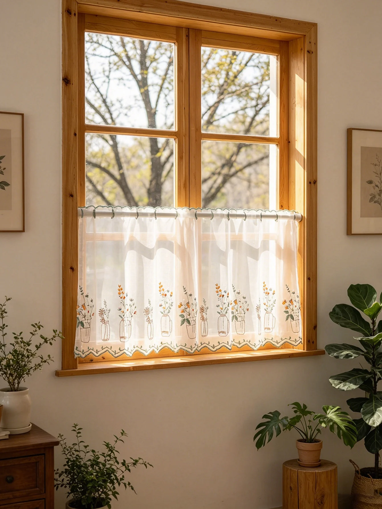 Rustic Farmhouse Floral Sheer Valance Curtain, Vase Flower Embroidered Short Kitchen Curtain, Rod Pocket Light Filtering Window thumbnail 4