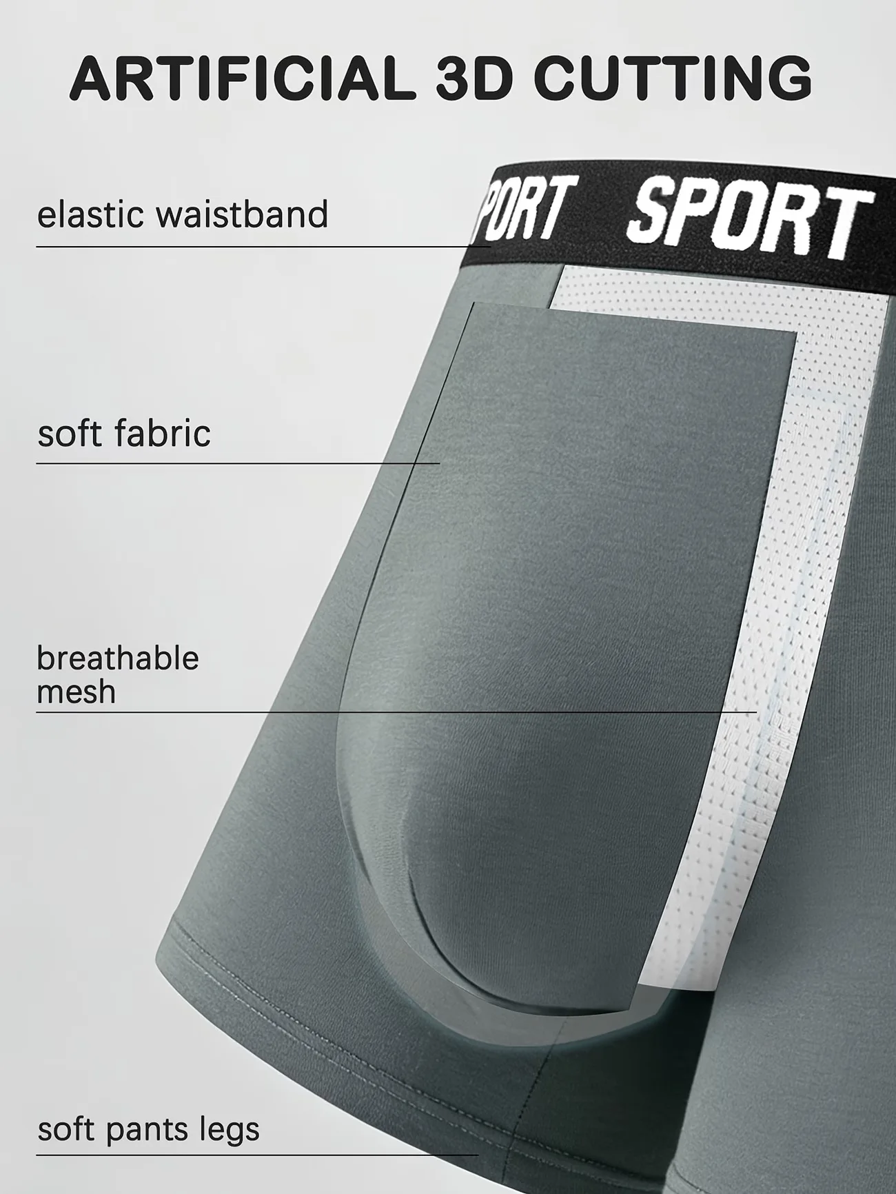 3-Piece Set Of Men's Solid Color Elastic Boxer Shorts, Long Comfortable Sporty Breathable Underwear, Men's Mid Waist Underwear thumbnail 4
