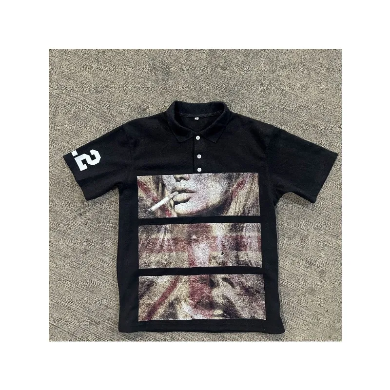 Y2K Short Sleeved Polo Shirt T-shirt Printed Top Dark Gothic Retro Summer Street Top